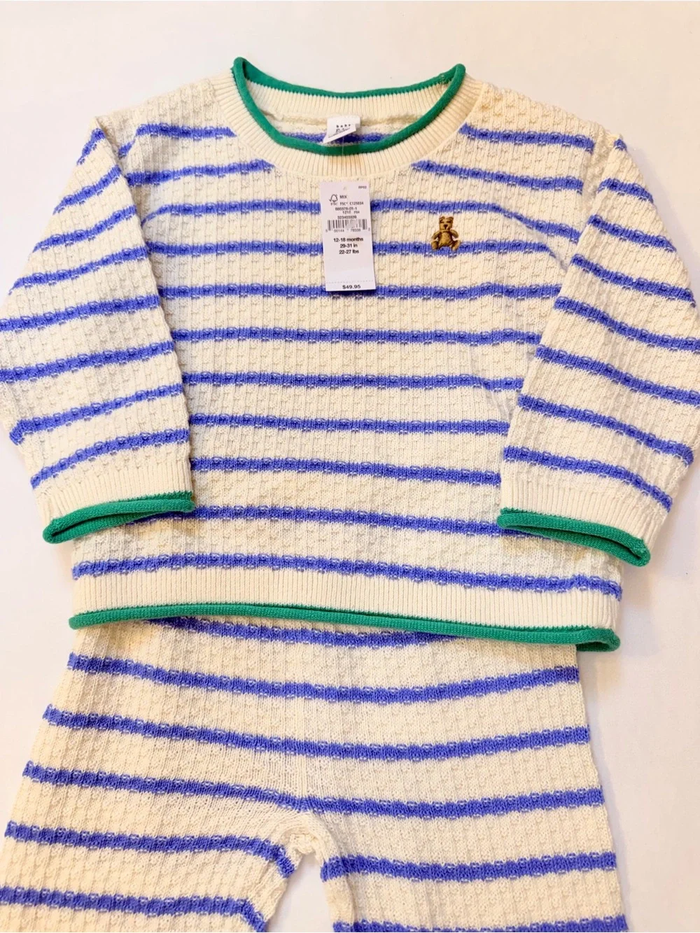 Baby GAP Cream & Lake Blue Striped Cotton Knit Set Kelly Green Detailing 12-18M